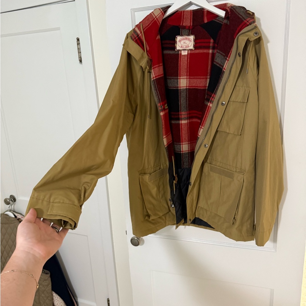 Brooks Brothers Red Fleece Label Tan Jacket with Red and Black Plaid Lining